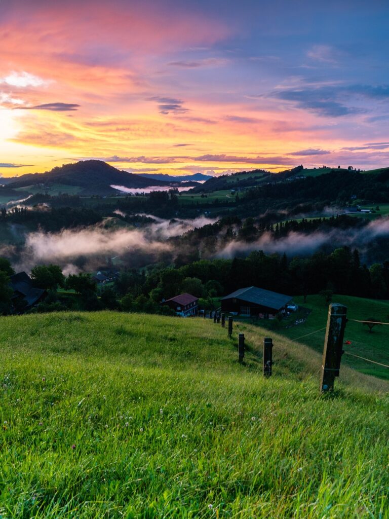 evening atmosphere, landscape, nature, afterglow, sunset, evening sky, dramatic, mist