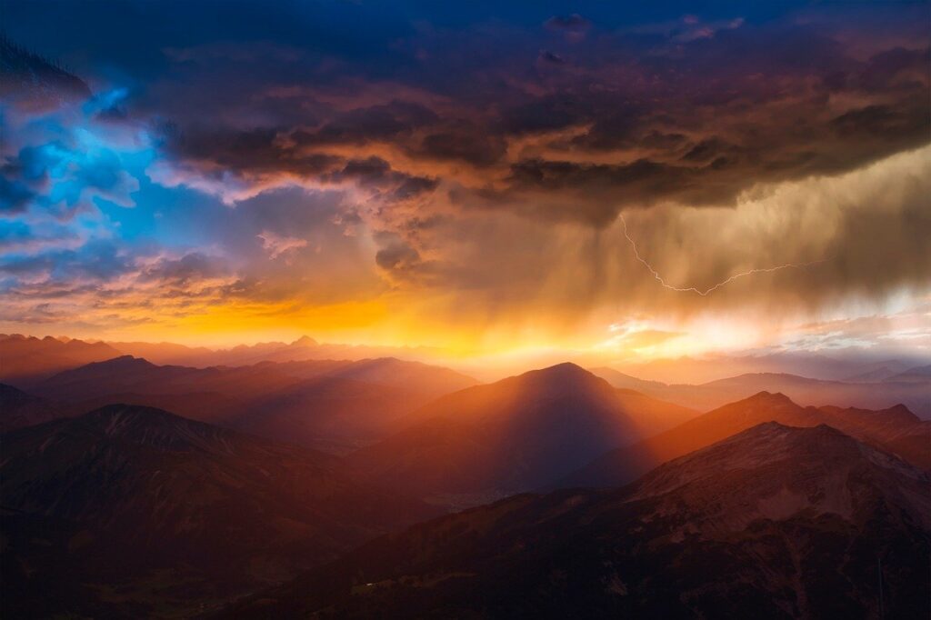 mountains, sunset, storm, weather, clouds, ray, darling, rain, lighting, nature, landscape