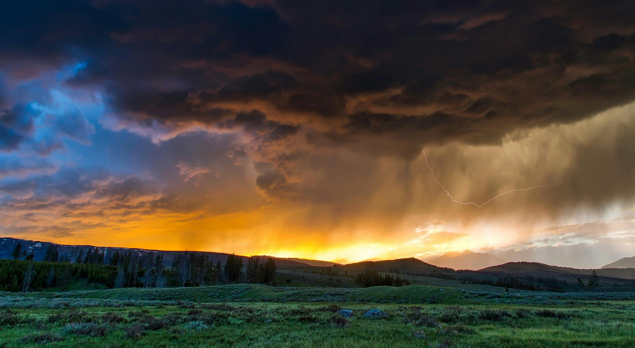 Spectacular sunset with dark clouds and lightning over a tranquil grassland landscape.